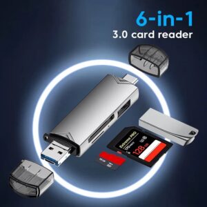 Compact 6 in 1 Card Reader Adapter with USB-A, Type-C, and Micro-USB interfaces.