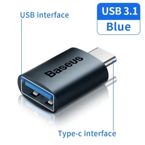 Type-C to USB-A 3.1 Adapter, sleek and compact design, connected to a laptop and external hard drive, symbolizing fast data transfer.