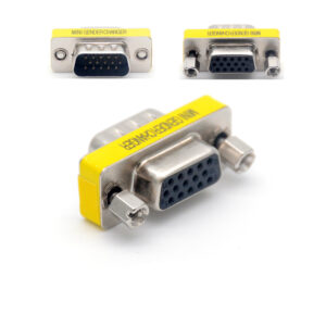 Image of a VGA Mini Coupler Male to Female adapter connected to two VGA cables.