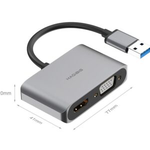 Multifunction USB-A 3.0 to HDMI & VGA Adapter with USB-A 2.0, connected to a laptop, HDMI monitor, VGA projector, and USB mouse.